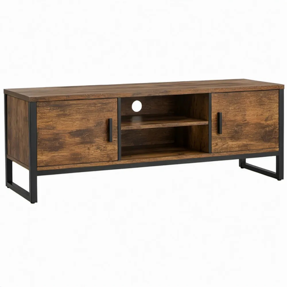 Industrieel tv-meubel met 2 deuren en open vakken, 120 x 40 x 50 cm, Bruin/Zwart