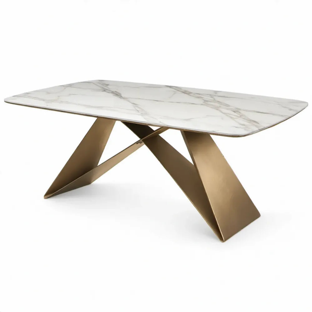 Eettafel 200 x 100 x 75 cm rechthoekig wit-grijs keramiek met goudkleurig stalen onderstel
