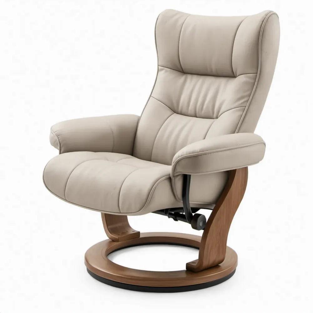 Draaibare relaxfauteuil met verstelbare rugleuning, 78 x 85 x 108 cm, beige kunstleer met bruin houten onderstel