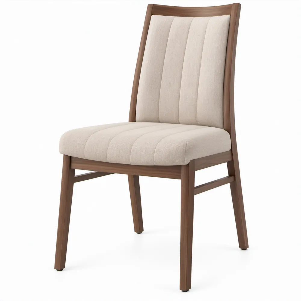 Eetkamerstoel met hoge rugleuning 49 x 59 x 96 cm in beige polyester en walnootbruin rubberhout