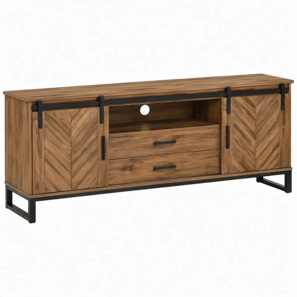 TV-meubel 160 x 45 x 60 cm van acaciahout met 2 schuifdeuren en 2 laden – Naturelbruin/Zwart