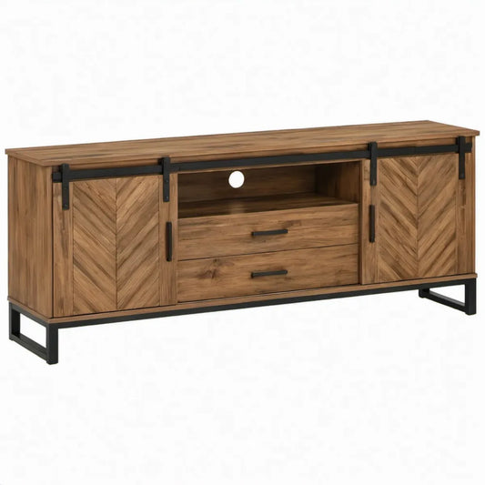TV-meubel 160 x 45 x 60 cm van acaciahout met 2 schuifdeuren en 2 laden – Naturelbruin/Zwart