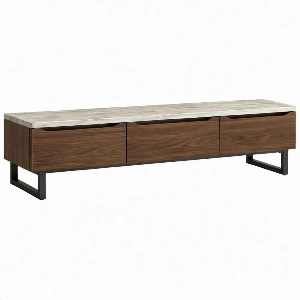 TV-meubel met 3 lades, 180 x 40 x 50 cm, walnootbruin met marmerlook blad en zwarte stalen poten