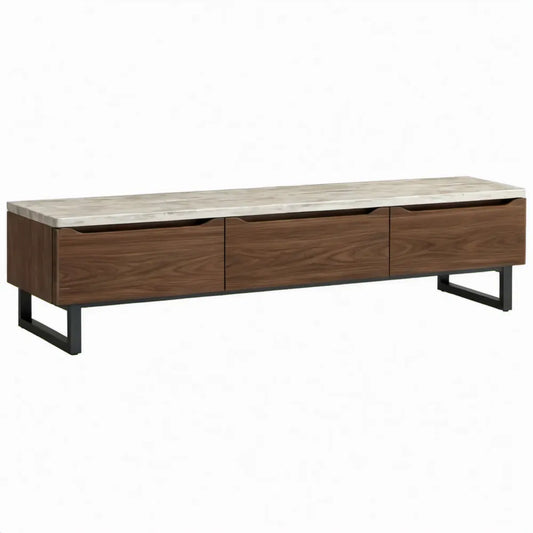 TV-meubel met 3 lades, 180 x 40 x 50 cm, walnootbruin met marmerlook blad en zwarte stalen poten