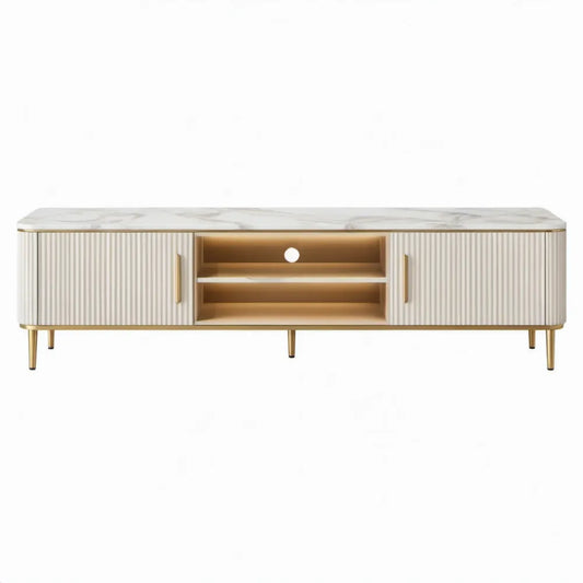 TV-meubel 180 x 40 x 55 cm gebroken wit met goudkleurige details en marmerlook blad