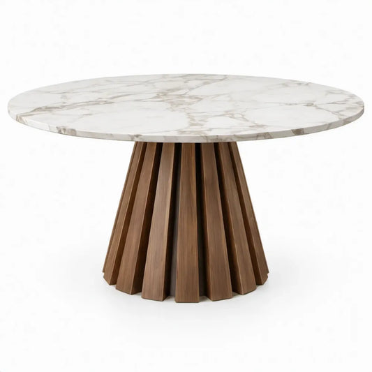 Ronde eettafel met wit marmerlook blad en walnootbruin onderstel, Ø 120 x 75 cm