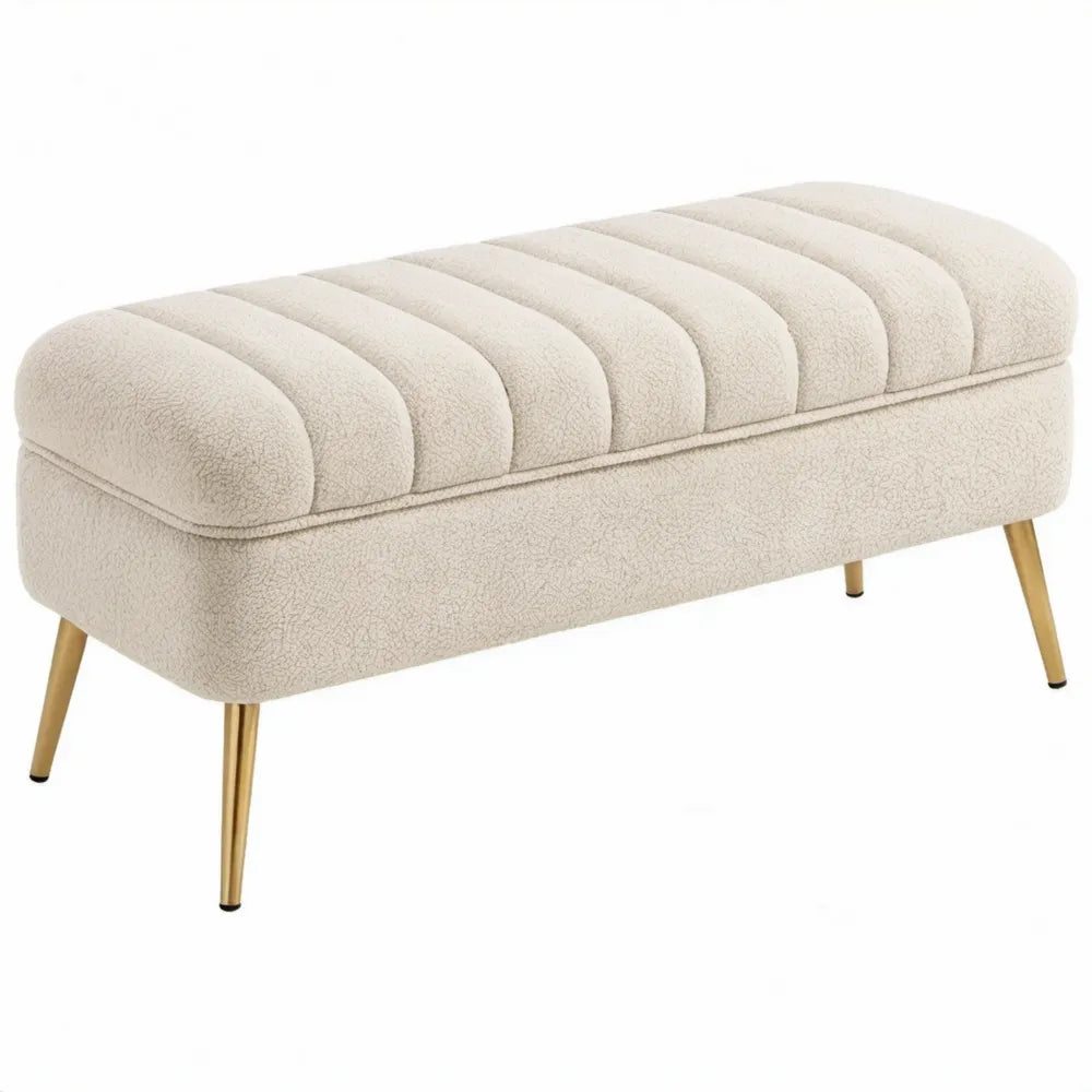 Bouclé zitbank met geribbelde zitting 100 x 40 x 45 cm – Crème/Goudkleurig