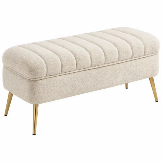 Bouclé zitbank met geribbelde zitting 100 x 40 x 45 cm – Crème/Goudkleurig
