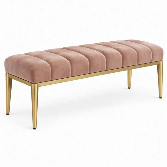Rechthoekige halbank 120 x 40 x 46 cm in roze fluweel met goudkleurig stalen poten