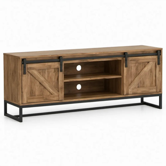 TV-meubel van massief mangohout met 2 schuifdeuren en open vakken, 160 x 40 x 60 cm, Bruin/Zwart