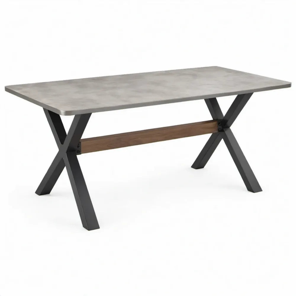 Rechthoekige eettafel 180 x 90 x 75 cm – Betonlook grijs, zwart stalen X-onderstel en donkerbruine dwarsbalk