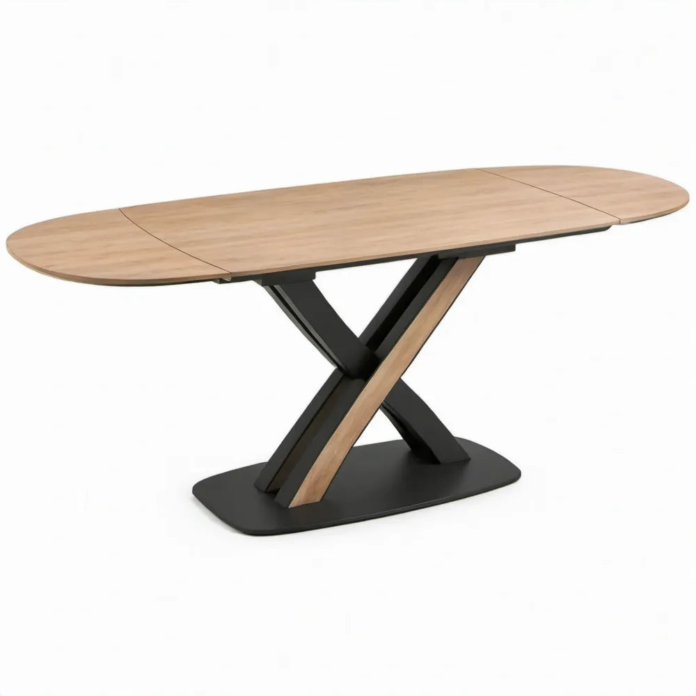 Uitschuifbare ovale eettafel 160-200 x 90 x 76 cm naturel eikenfineer met zwart stalen onderstel
