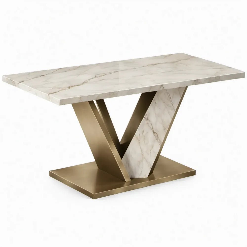 Eettafel 180 x 90 x 75 cm rechthoekig wit marmerlook met goudkleurig roestvrijstalen V-onderstel