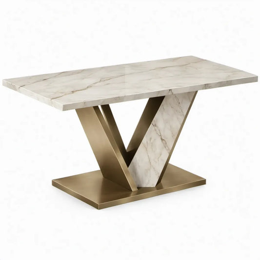 Eettafel 180 x 90 x 75 cm rechthoekig wit marmerlook met goudkleurig roestvrijstalen V-onderstel