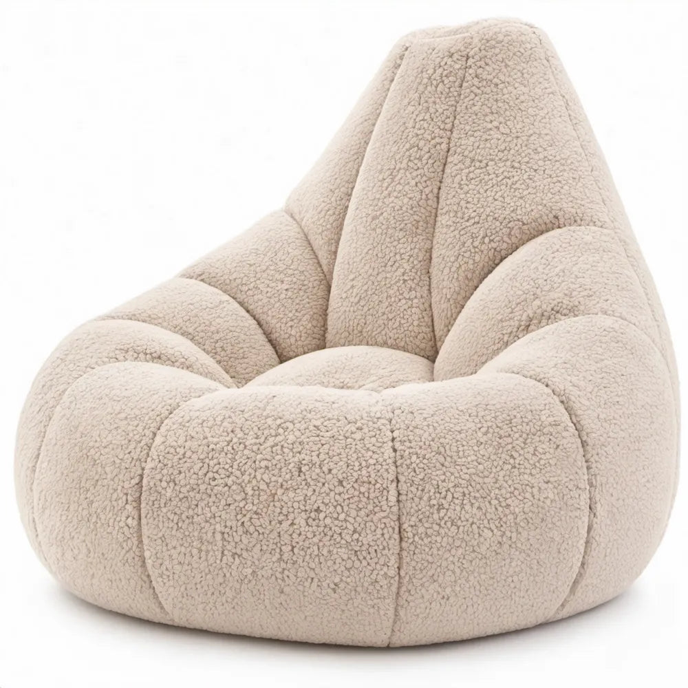 Beige peervormige bouclé zitzak met hoge rugleuning, 90 x 100 x 100 cm