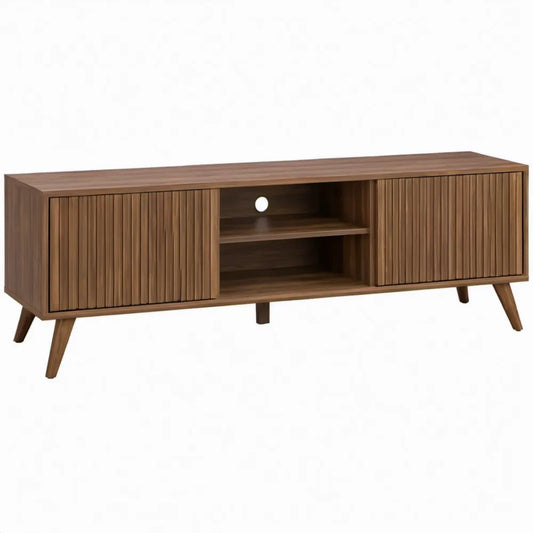 TV-meubel met 2 geribbelde schuifdeuren en open vak, 160 x 40 x 55 cm, walnootbruin